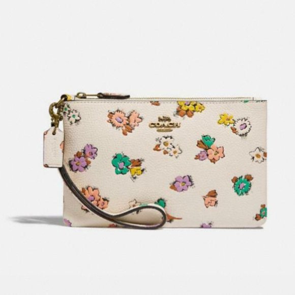 Coach Handbags - COACH C3814 Wristlet White Zip Floral Print Chalk Brass Leather Handbag Bag NEW